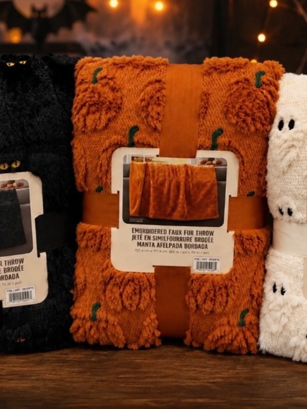 NWT Costco Halloween Faux Fur Throw Blanket Lot of 3 Ghost & Cat & Pumpkin